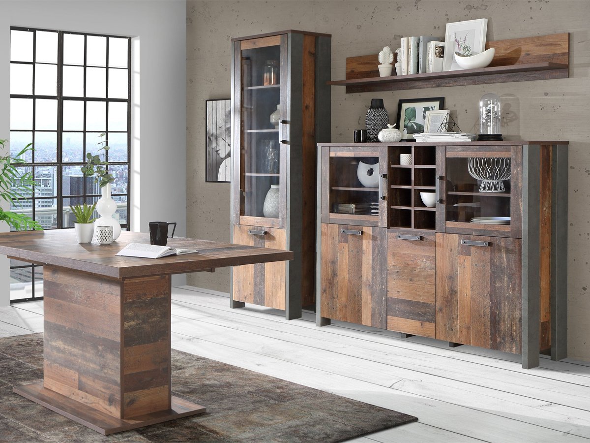 Highboard - Vitrine 2 Glastüren Old Wood - grau- CLIF