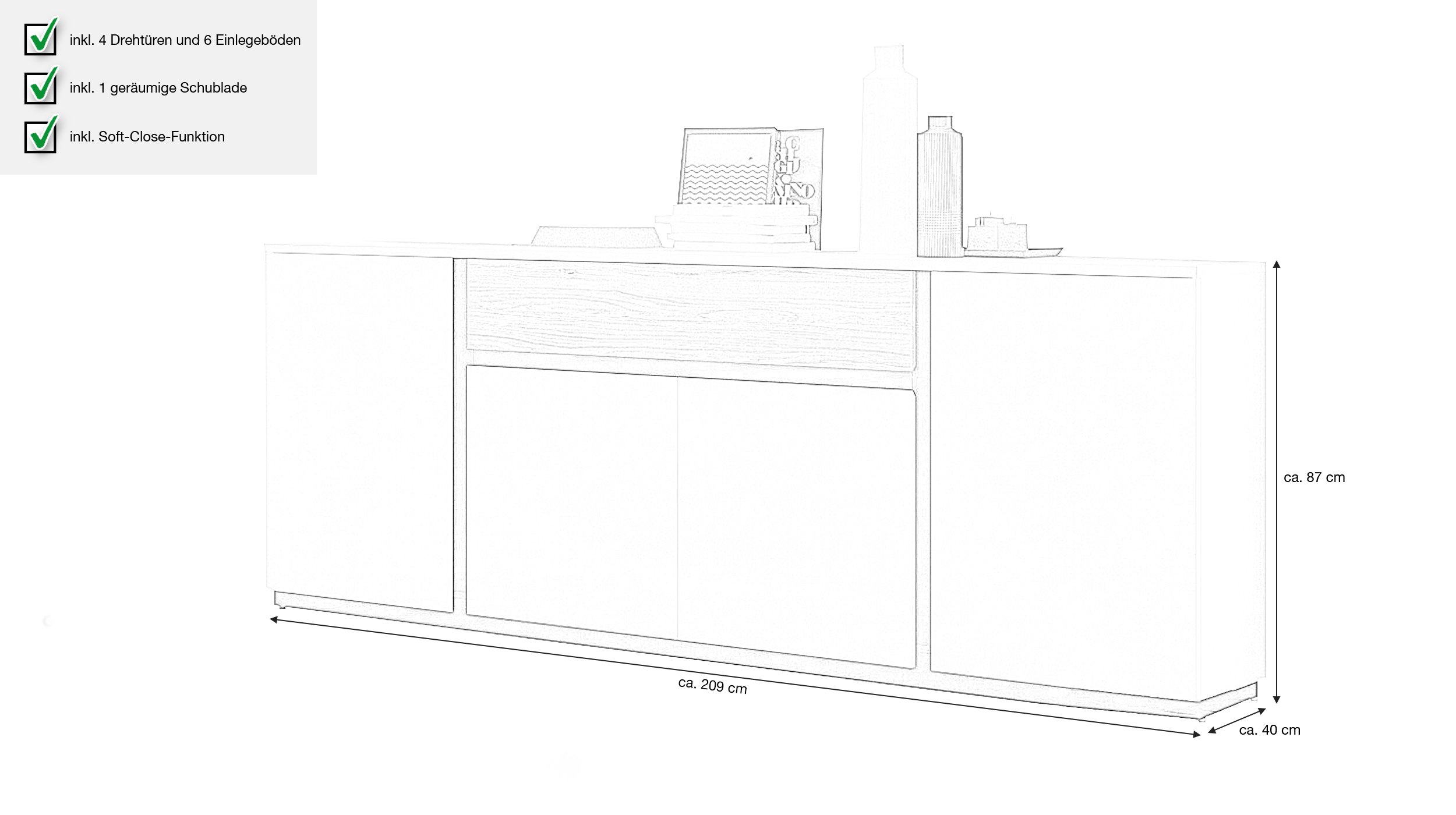 Sideboard alpinweiß - Catania Eiche 209 cm - NOVENA