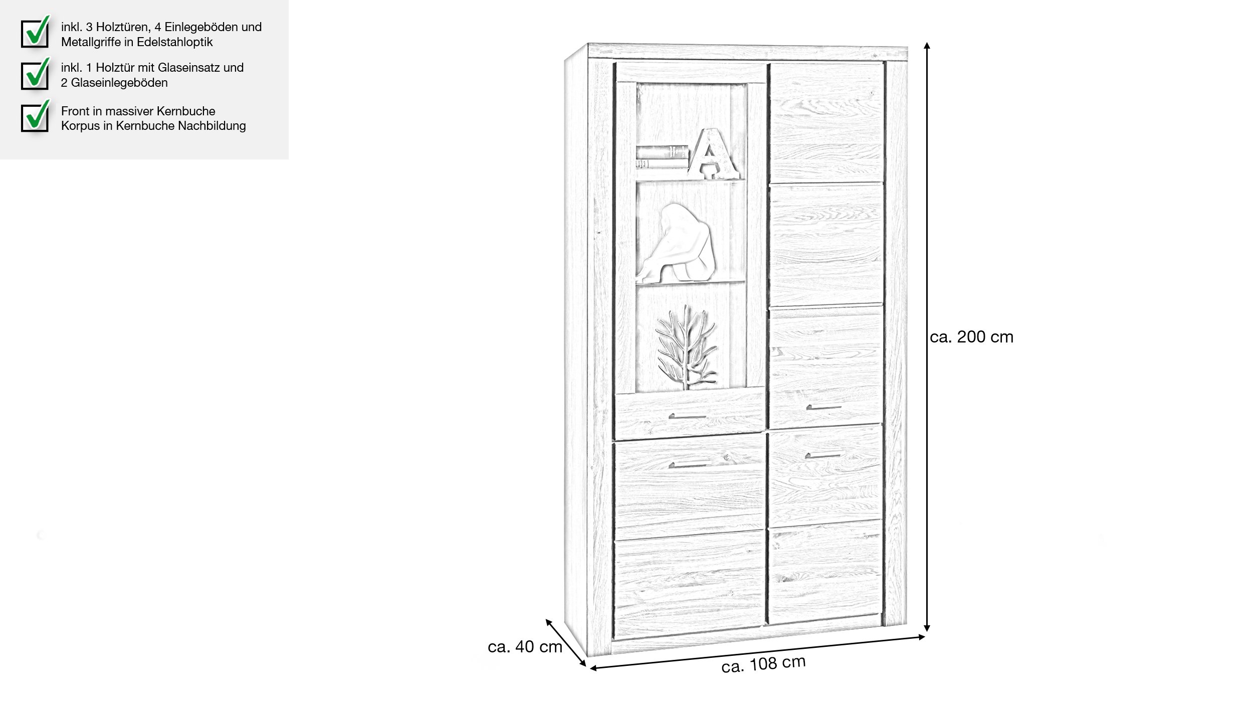 Vitrine Kernbuche teilmassiv geölt 200 cm - FREYJA