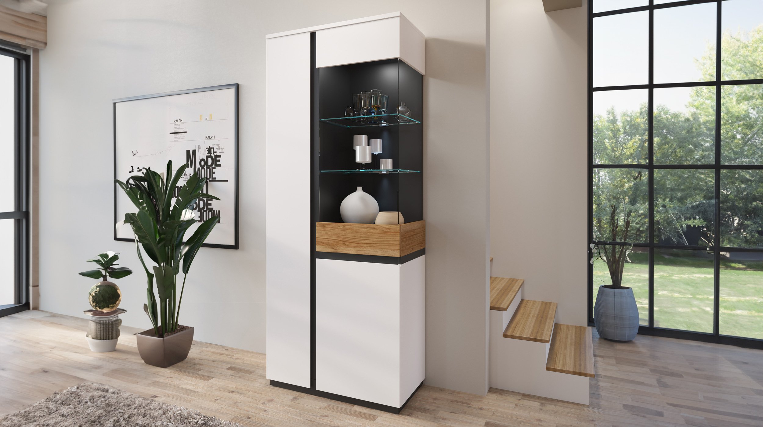Vitrine alpinweiß - Catania Eiche 200 cm - NOVENA