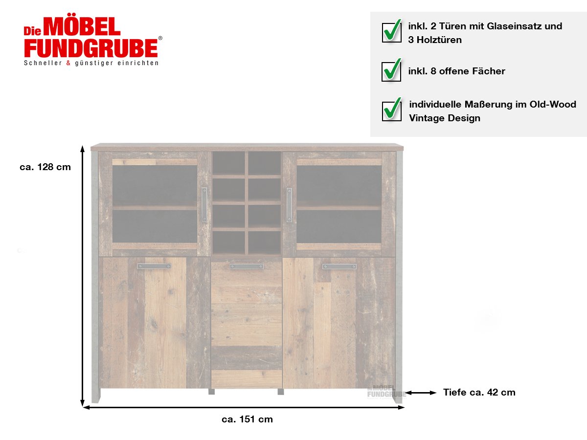Highboard - Vitrine 2 Glastüren Old Wood - grau- CLIF