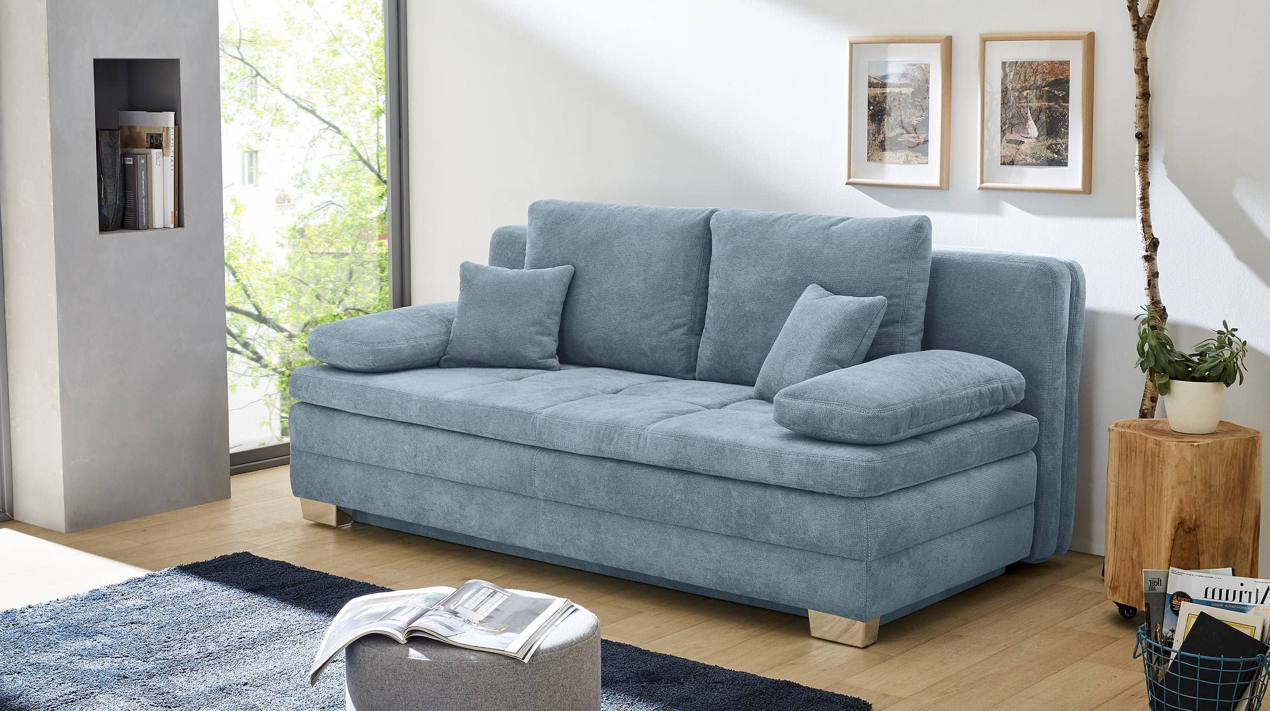 Schlafsofa hellblau inkl. Topper - Bettkasten 203 cm - LINDAU