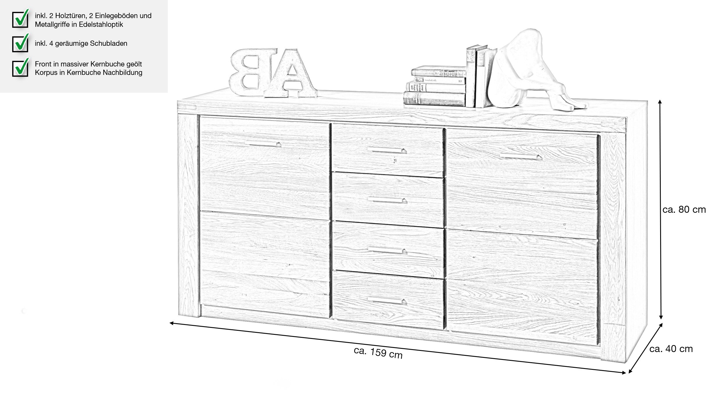 Sideboard Kernbuche teilmassiv geölt 159 cm - FREYJA