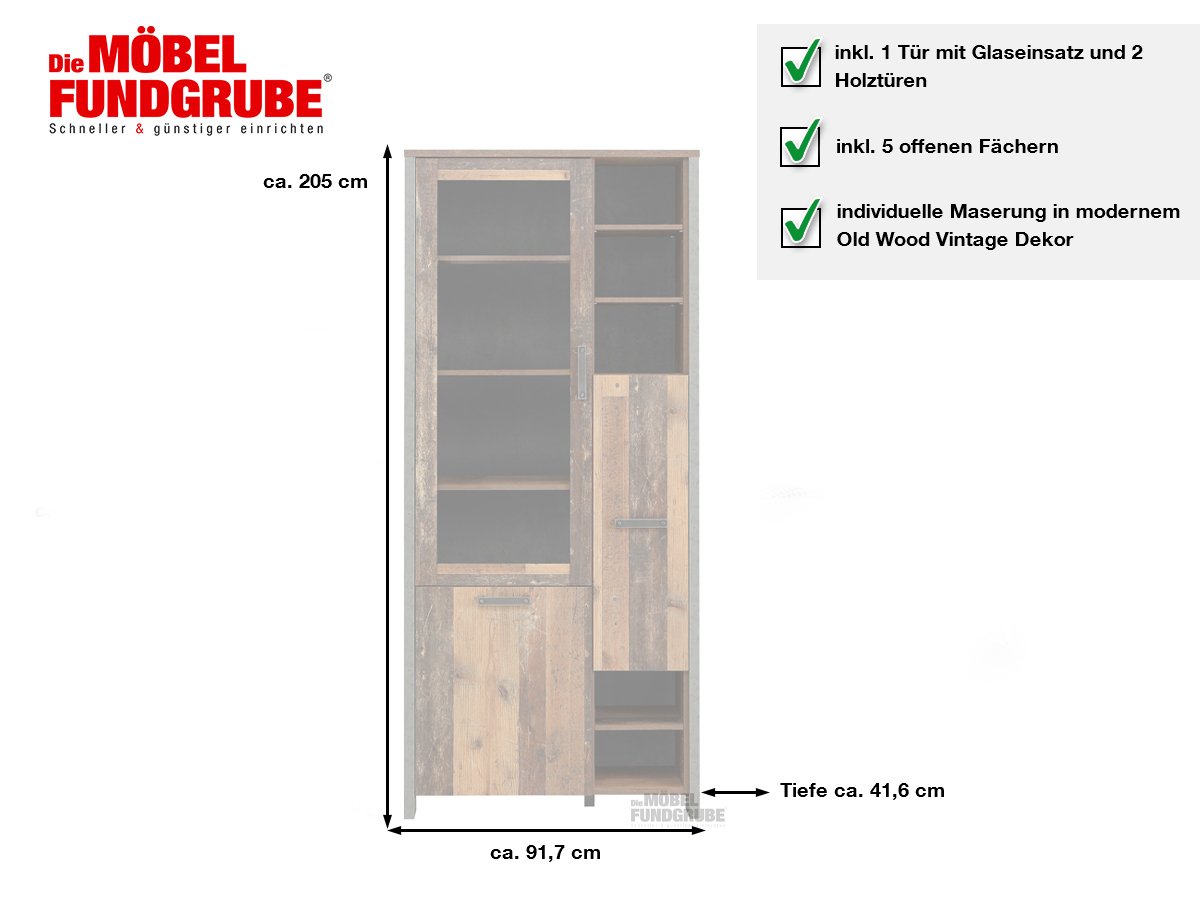 Bücherregal Vitrine 1 Glastür Höhe 205 cm Old Wood - Beton - grau - CLIF