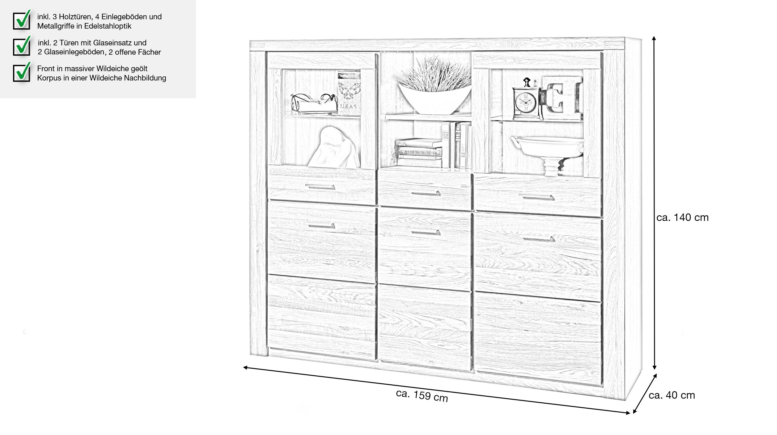 Highboard Wildeiche teilmassiv geölt 159 cm - FREYJA