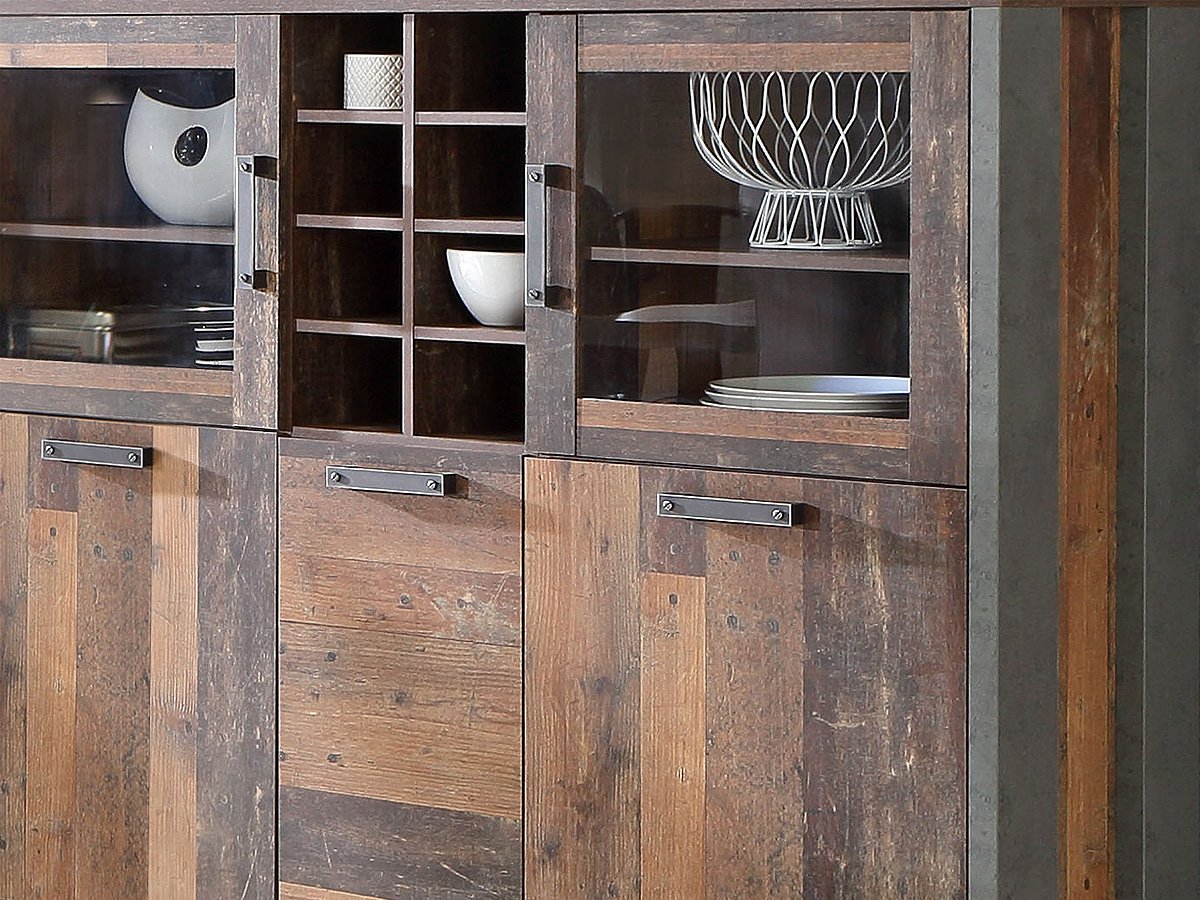 Highboard - Vitrine 2 Glastüren Old Wood - grau- CLIF