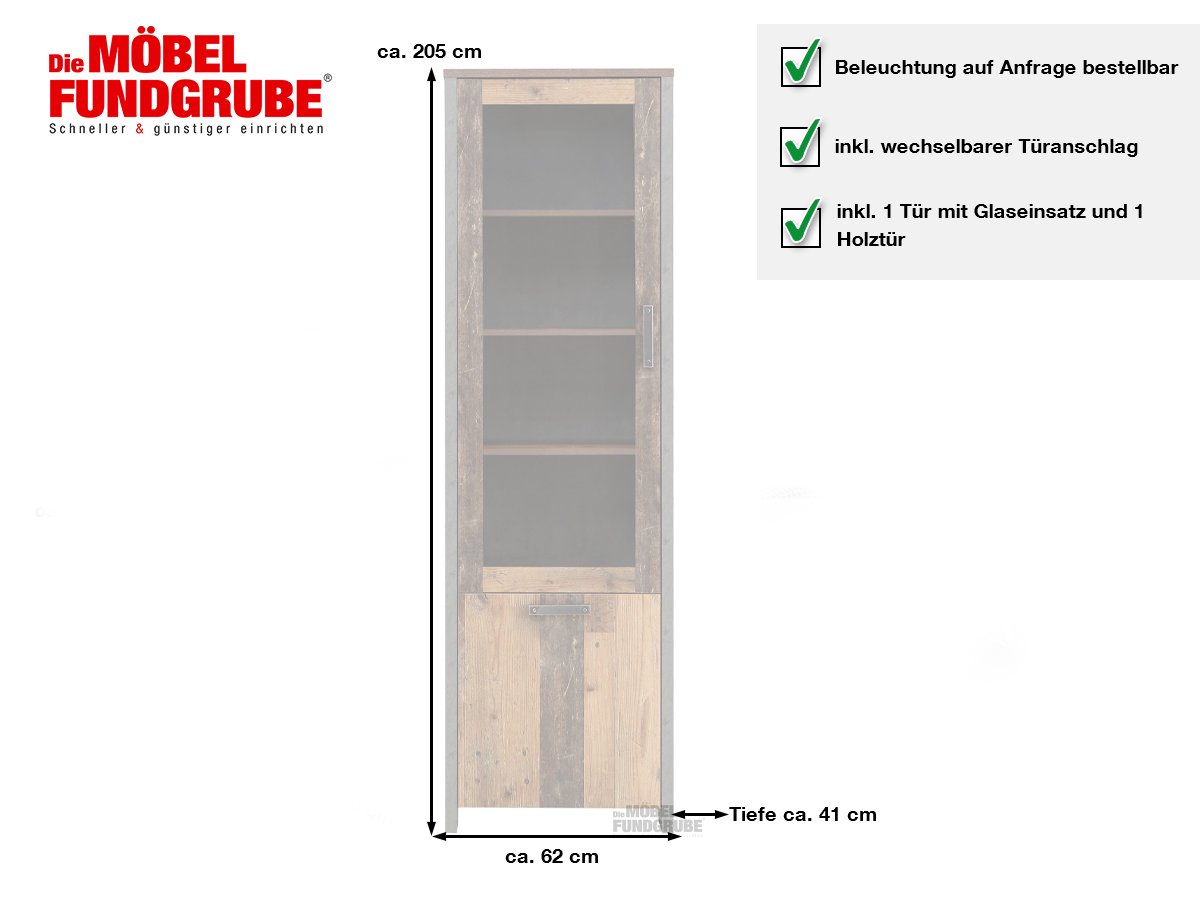 Vitrine mit 1 Glastür Old - Wood - Beton - grau 205 cm - CLIF
