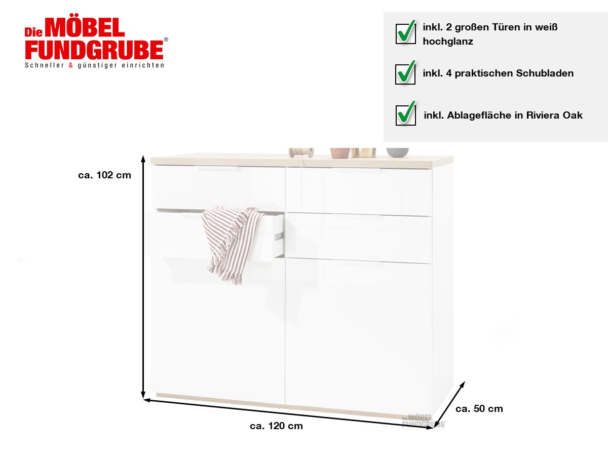 Kommode weiß - Riviera Eiche 120 cm - MUNDI