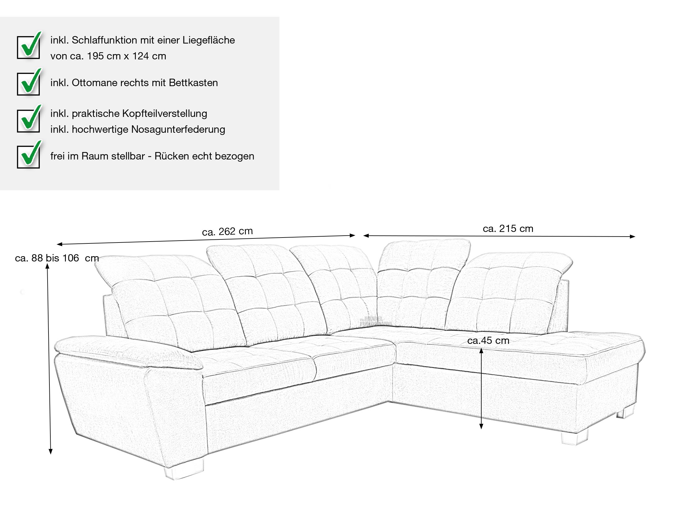 Ecksofa mit Schlaffunktion grau 262 x 215 cm - LOTTA