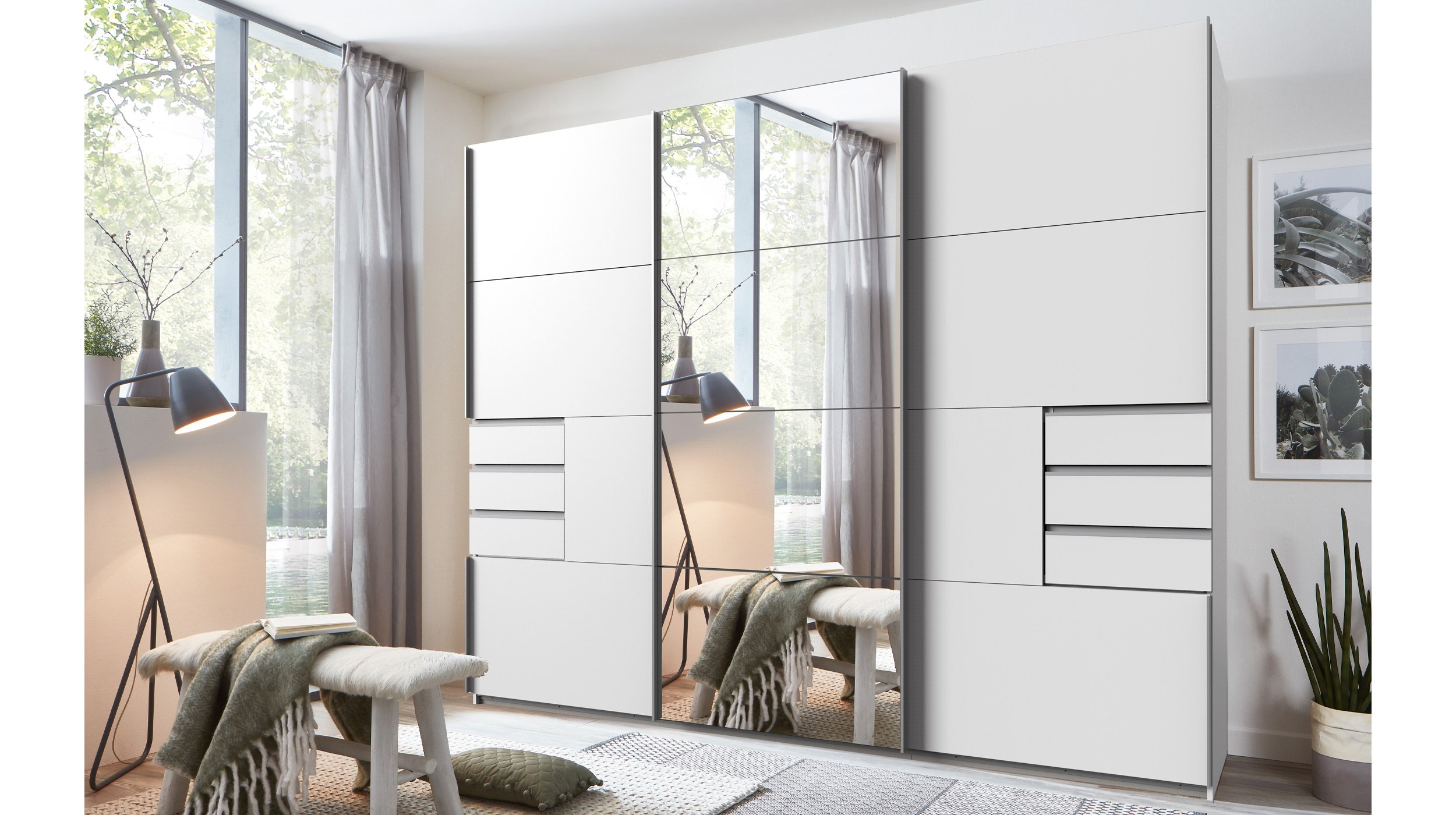 Schwebetürenschrank weiß 270 cm mit Spiegel - SAIGON