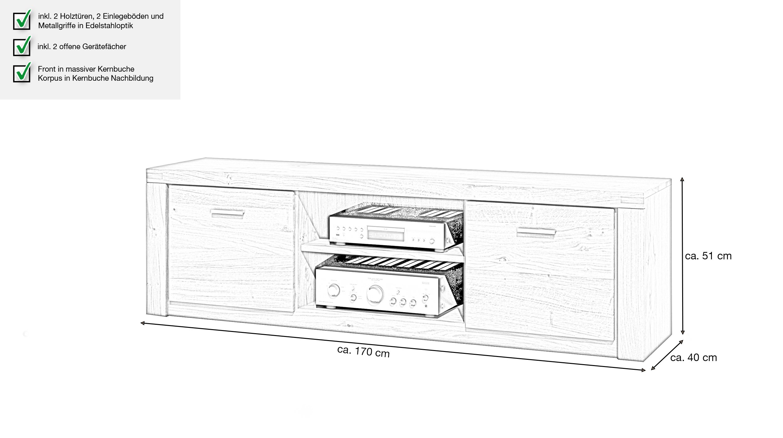 TV-Lowboard Kernbuche teilmassiv geölt 170 cm - FREYJA