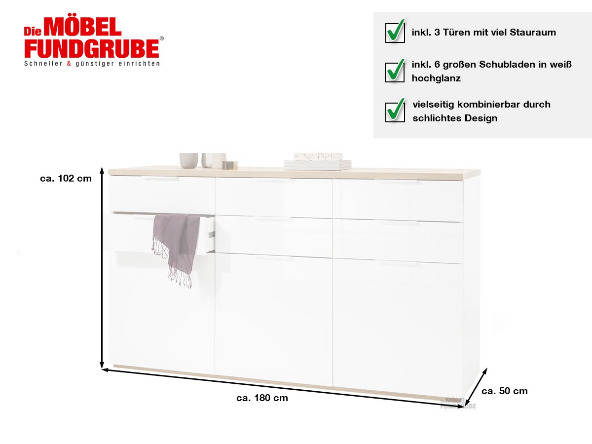 Kommode hochglanz weiß - Schubladen 180 cm - MUNDI