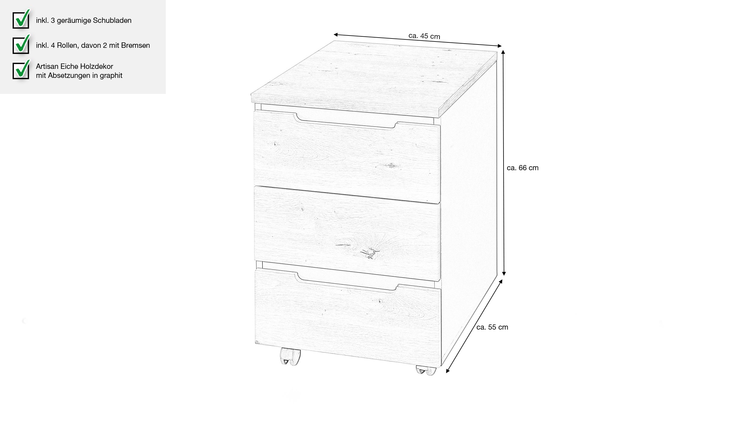 Rollcontainer Artisan Eiche 45 x 66 cm - MEMPHIS