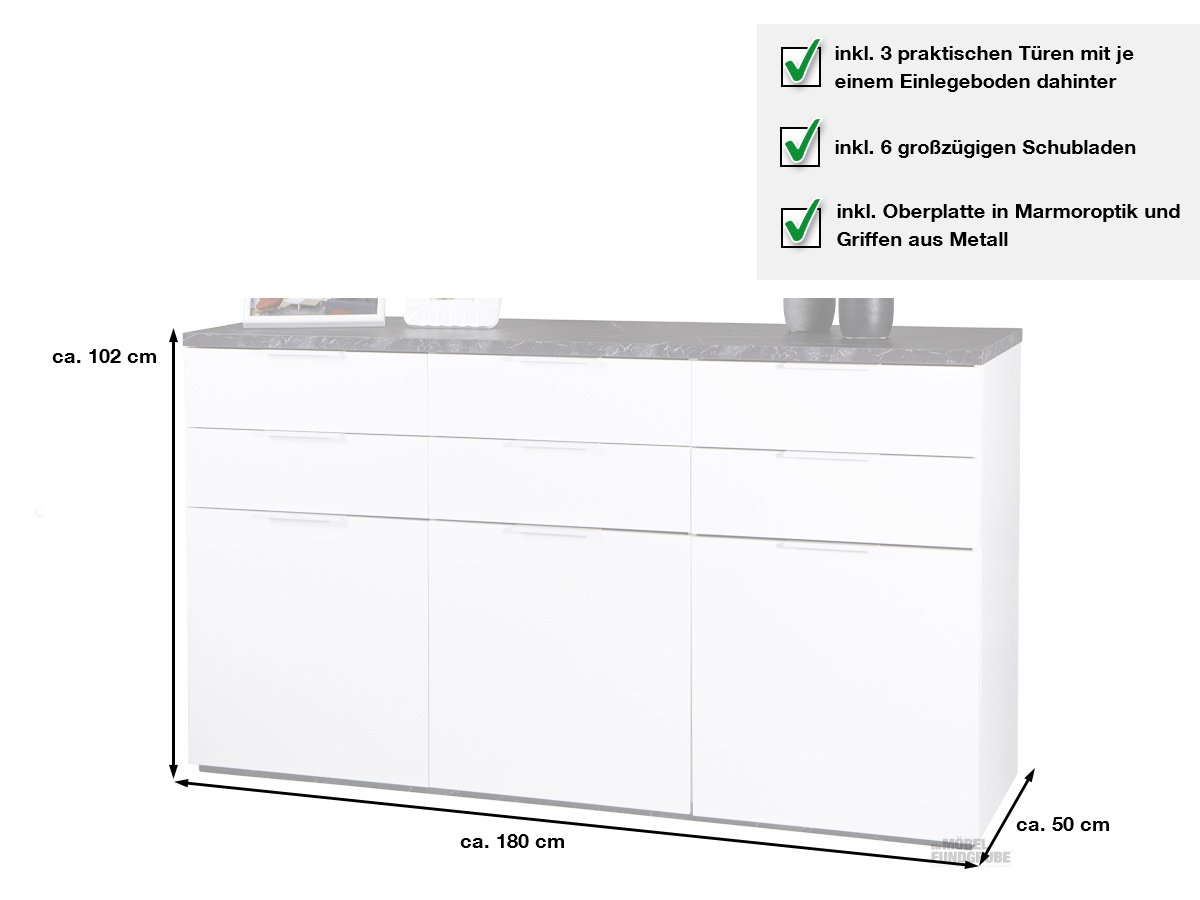 Sideboard weiß hochglanz - Marmoroptik 180 cm 3-türig - MUNDI