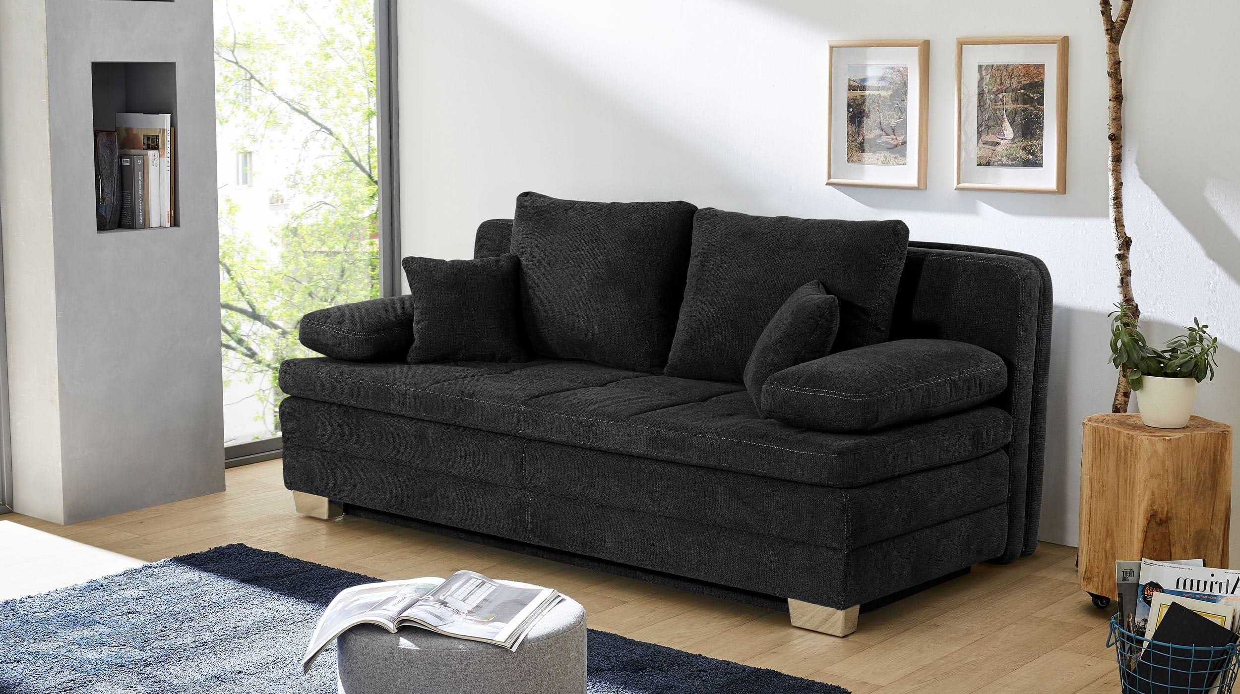 Schlafsofa schwarz inkl. Topper - Bettkasten 203 cm - LINDAU