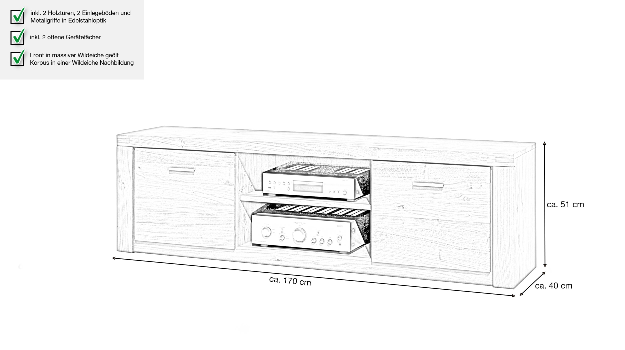 TV-Lowboard Wildeiche teilmassiv geölt 170 cm - FREYJA