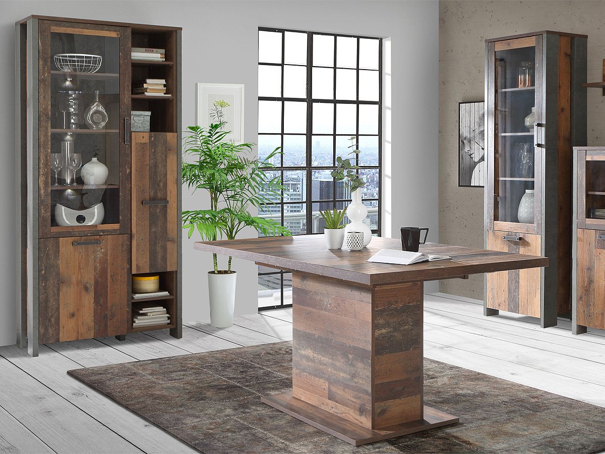Bücherregal Vitrine 1 Glastür Höhe 205 cm Old Wood - Beton - grau - CLIF