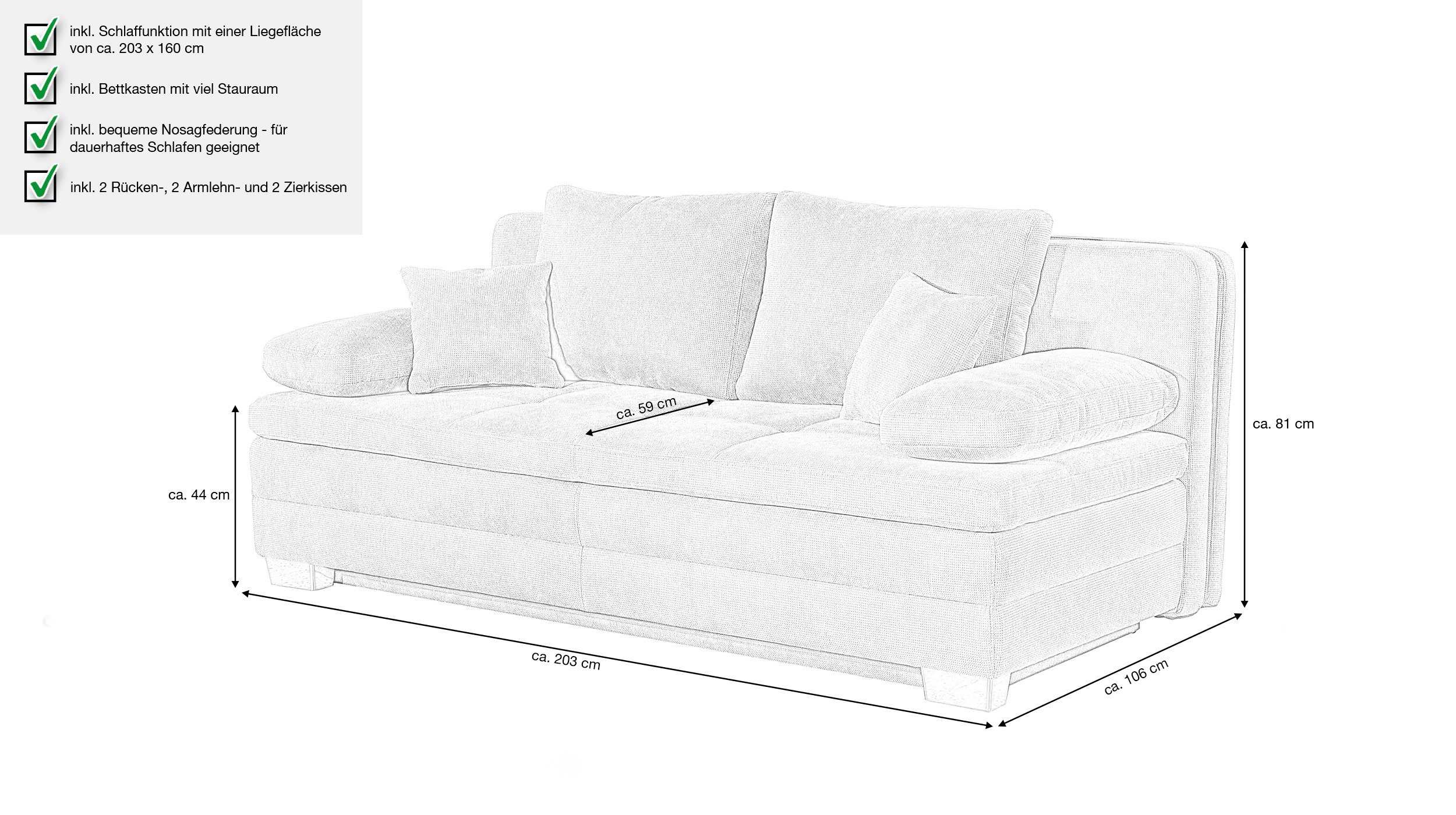 Schlafsofa grau inkl. Topper - Bettkasten 203 cm - LINDAU