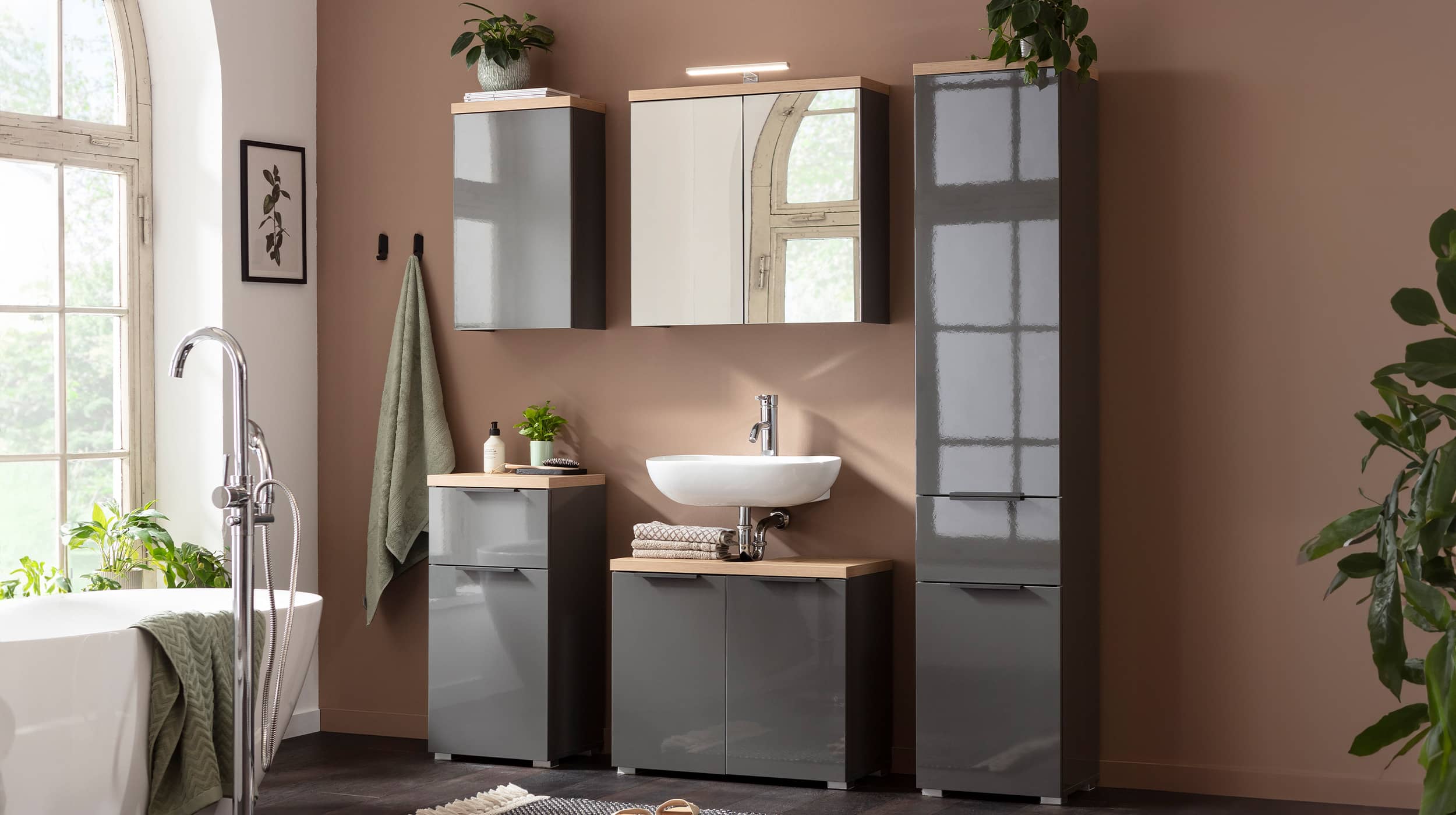 Bad Hochschrank grau hochglanz - Artisan Eiche - MUNDI