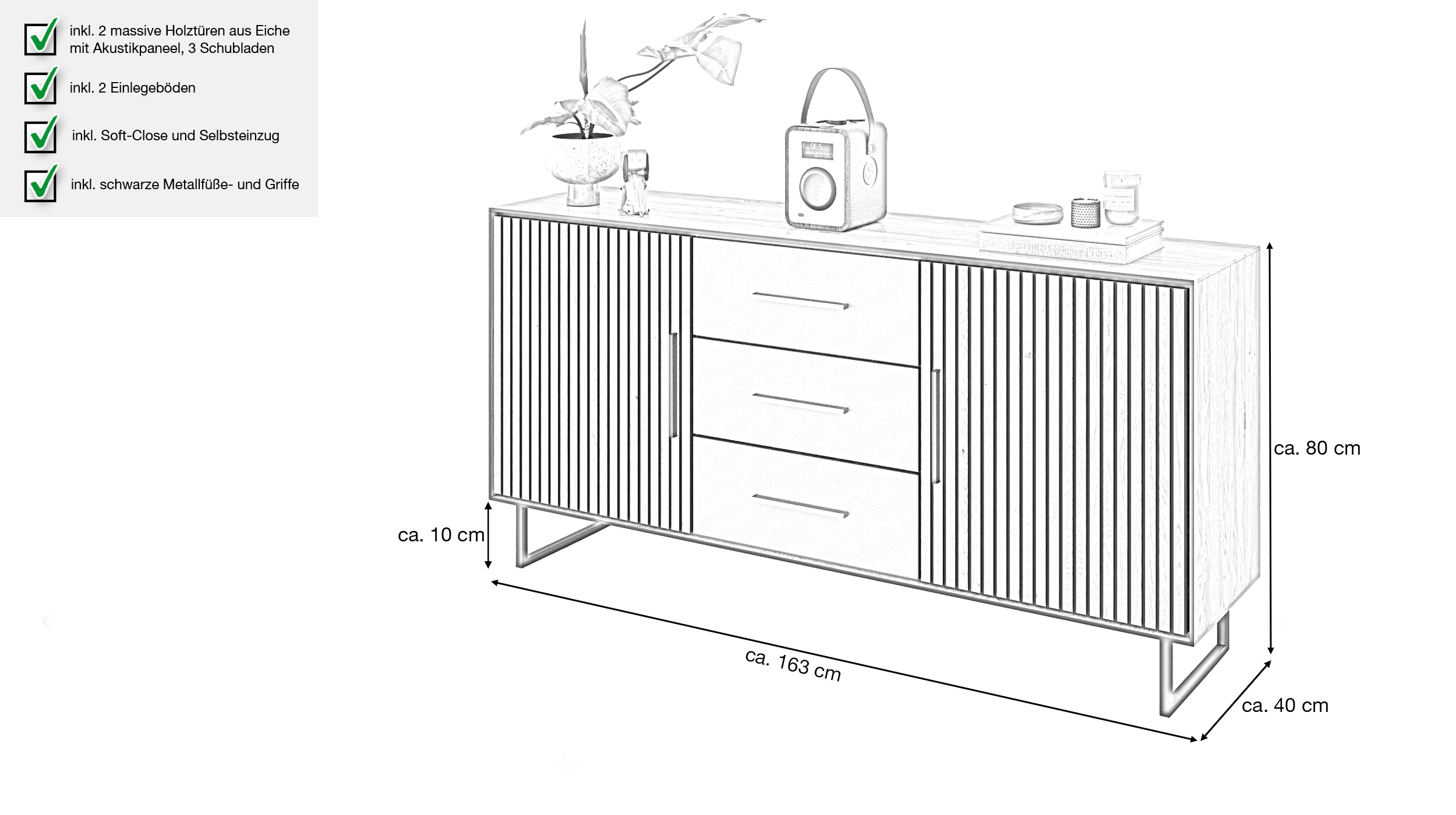 Sideboard mit 3 Schubladen Eiche geölt 163 cm - BELLA