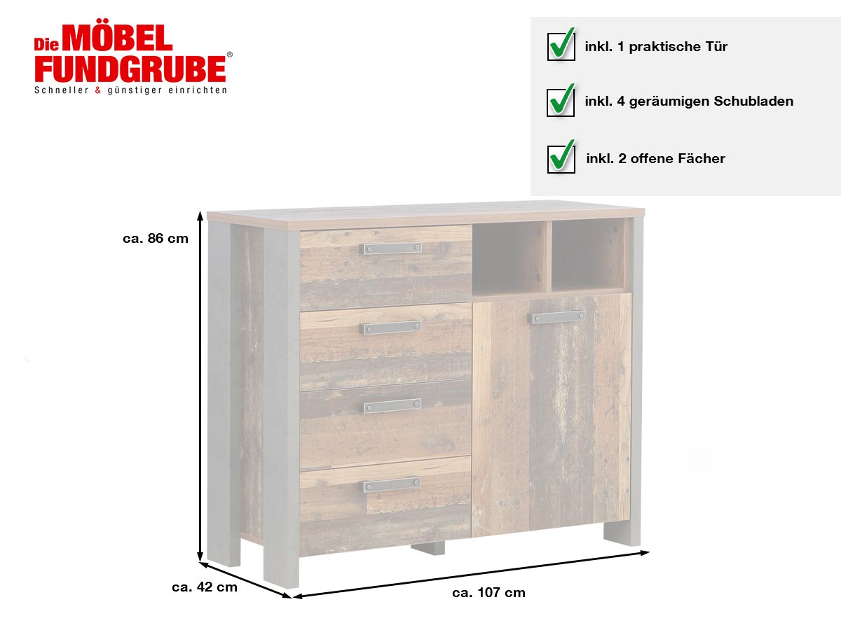 Sideboard mit 4 Schubladen Old Wood Vintage - Betonoptik 107 cm - CLIF