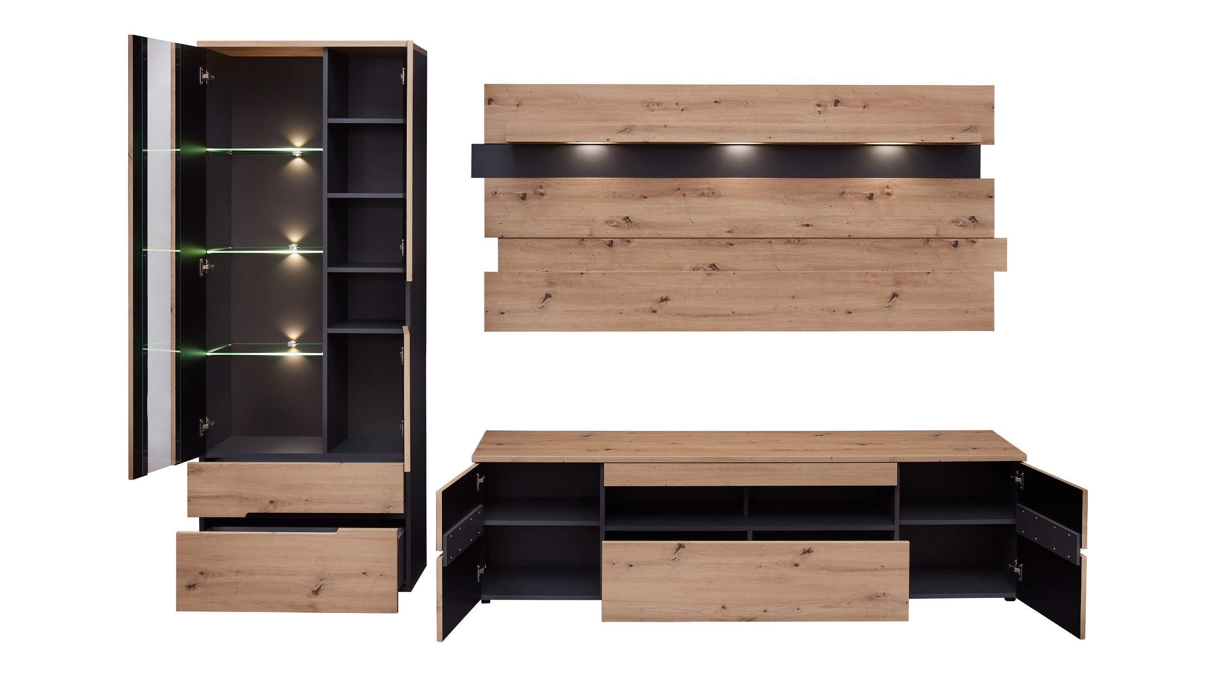 Wohnwand Artisan Eiche  287 cm - Beleuchtung - MEMPHIS