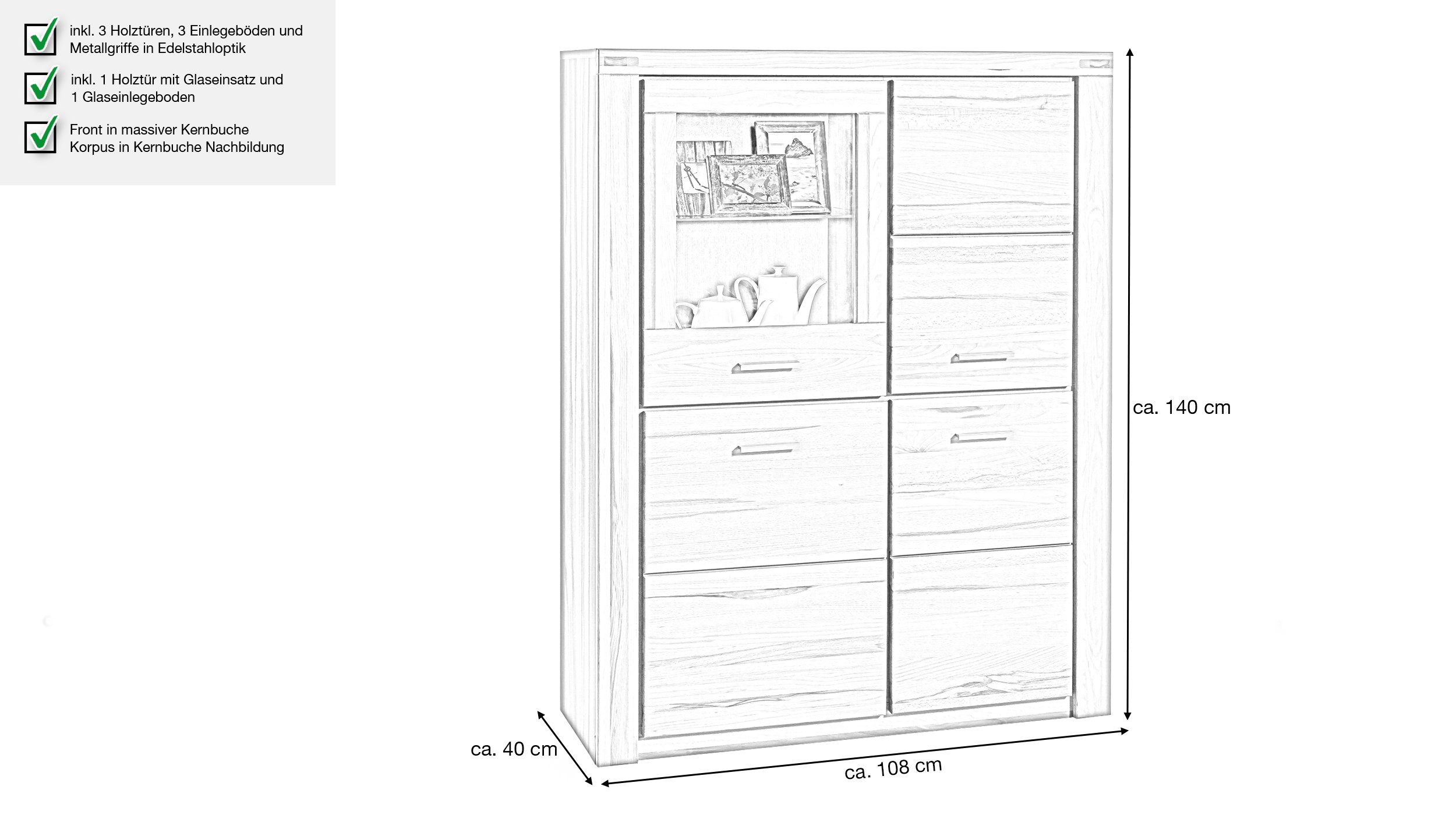 Highboard Kernbuche teilmassiv geölt 108 cm - FREYJA