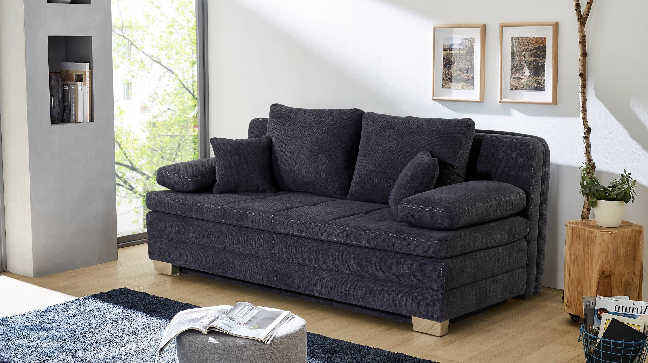 Schlafsofa dunkelblau inkl. Topper - Bettkasten 203 cm - LINDAU