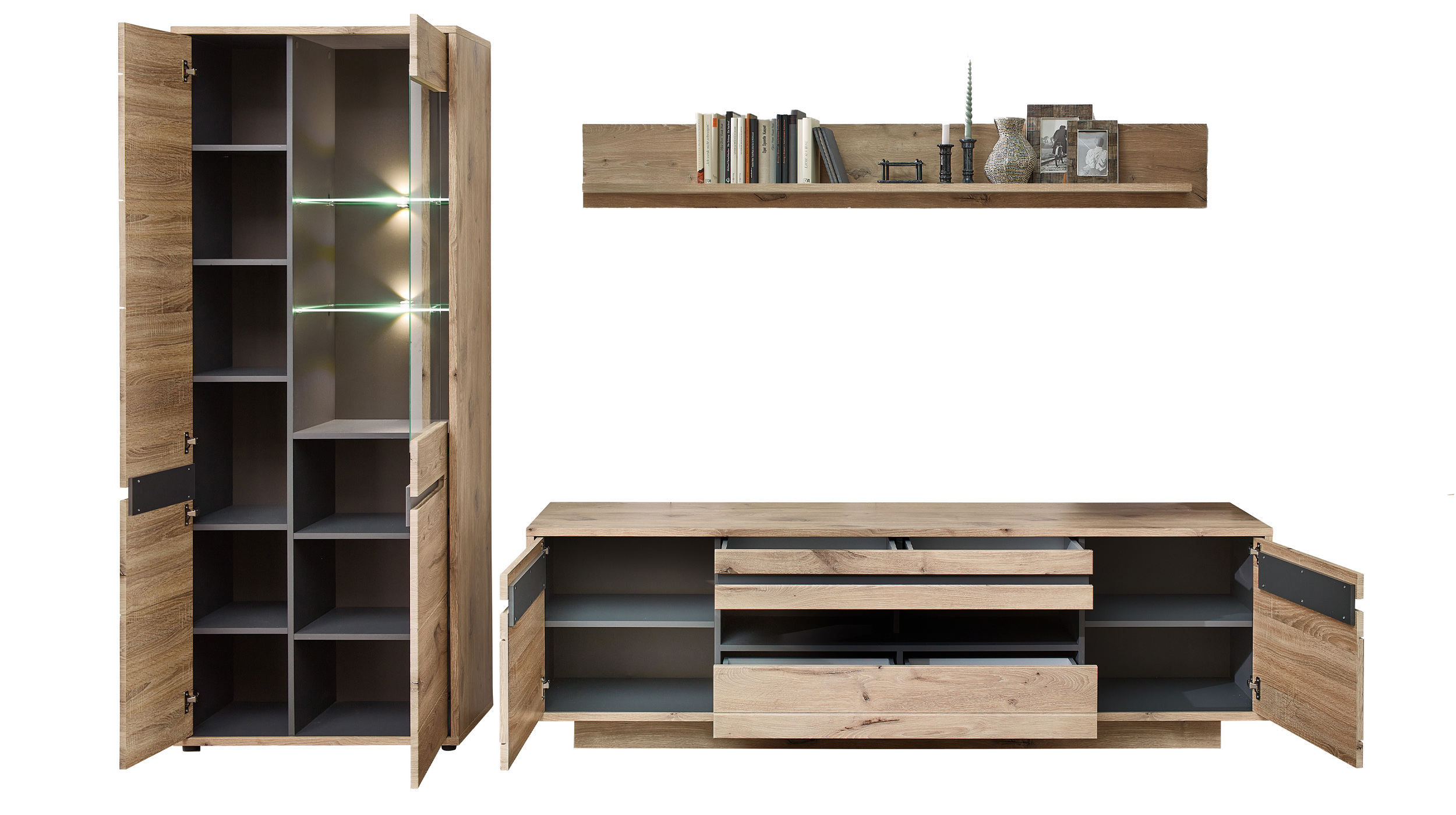 Wohnwand Viking Oak graphit 299 cm - Beleuchtung - BELLANO