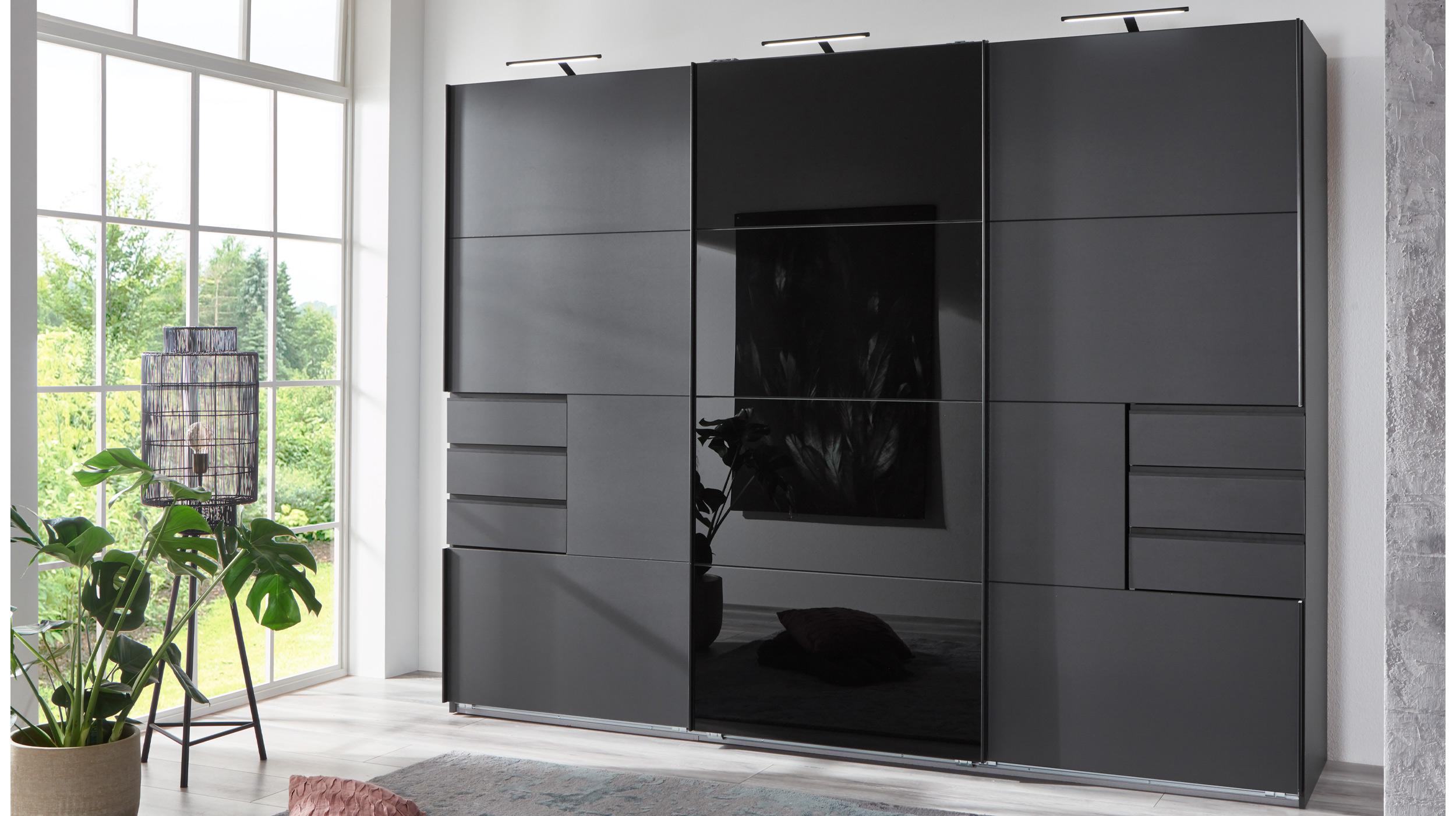 Schwebetürenschrank schwarz mit Glasfront - 270 cm - SAIGON