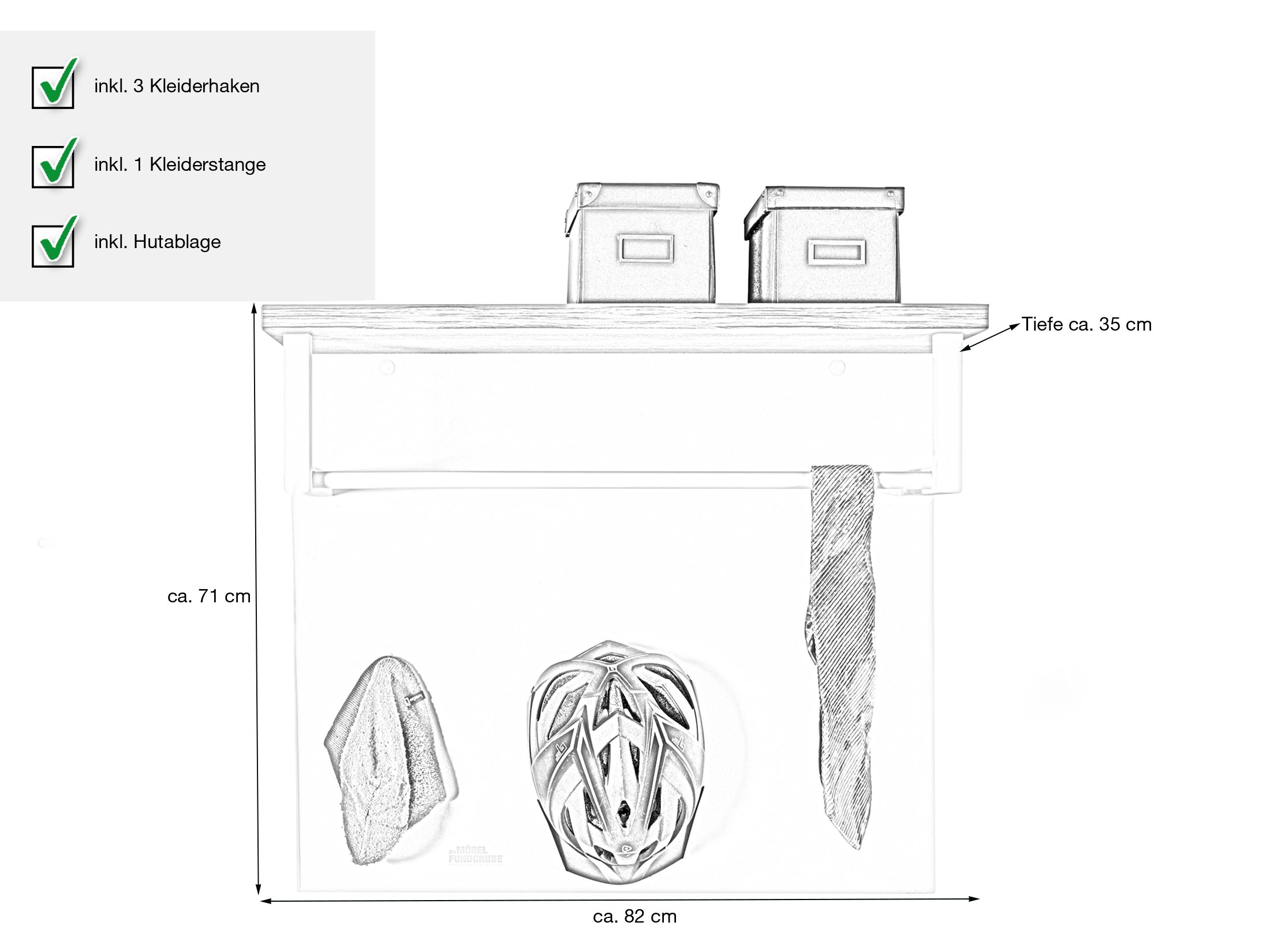 Wandgarderobe Paneel weiß hochglanz - Eiche 82 cm - MUNDI