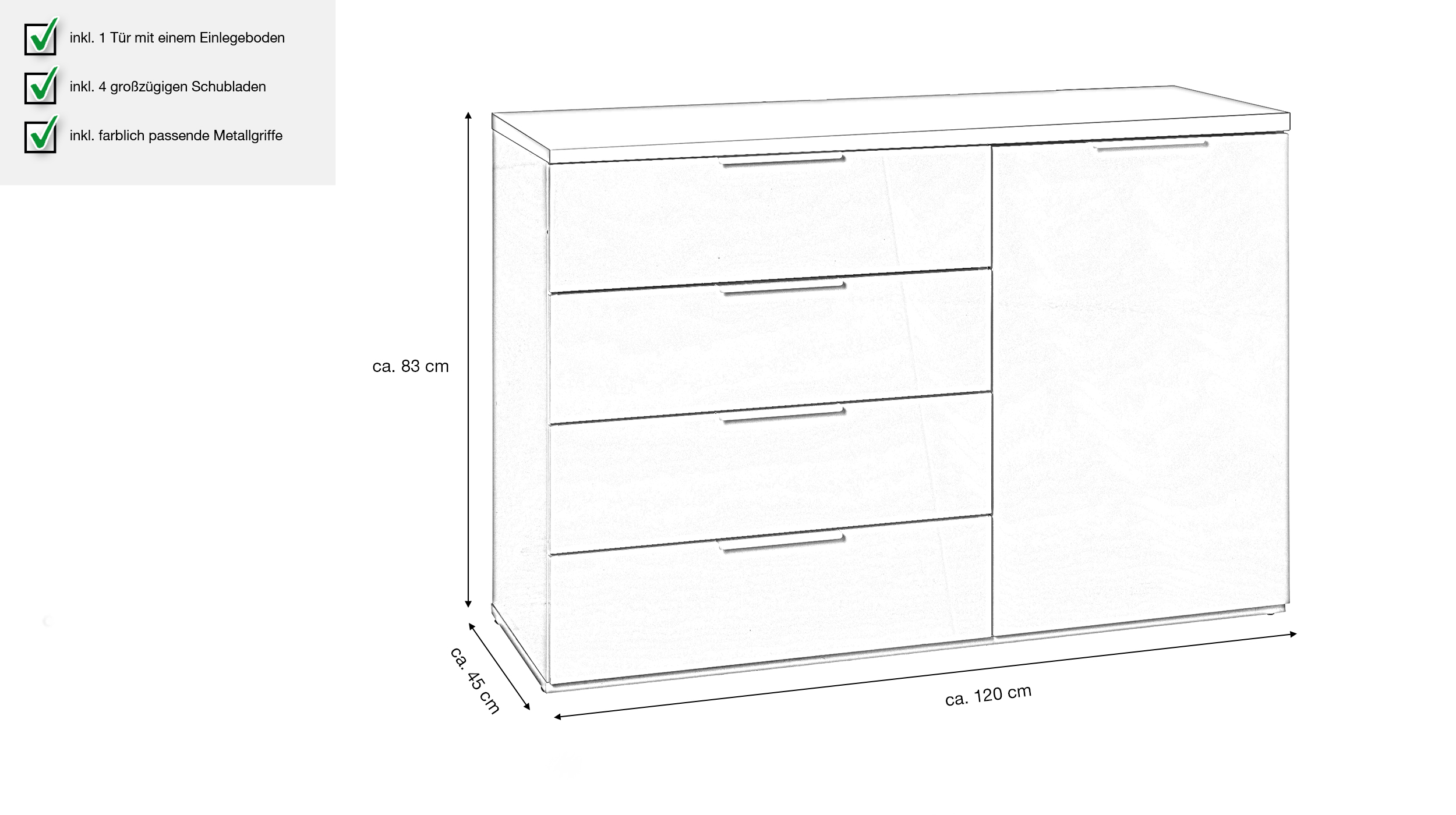 Kommode weiß hochglanz 120 x 82 cm 4 Schubladen - MUNDI