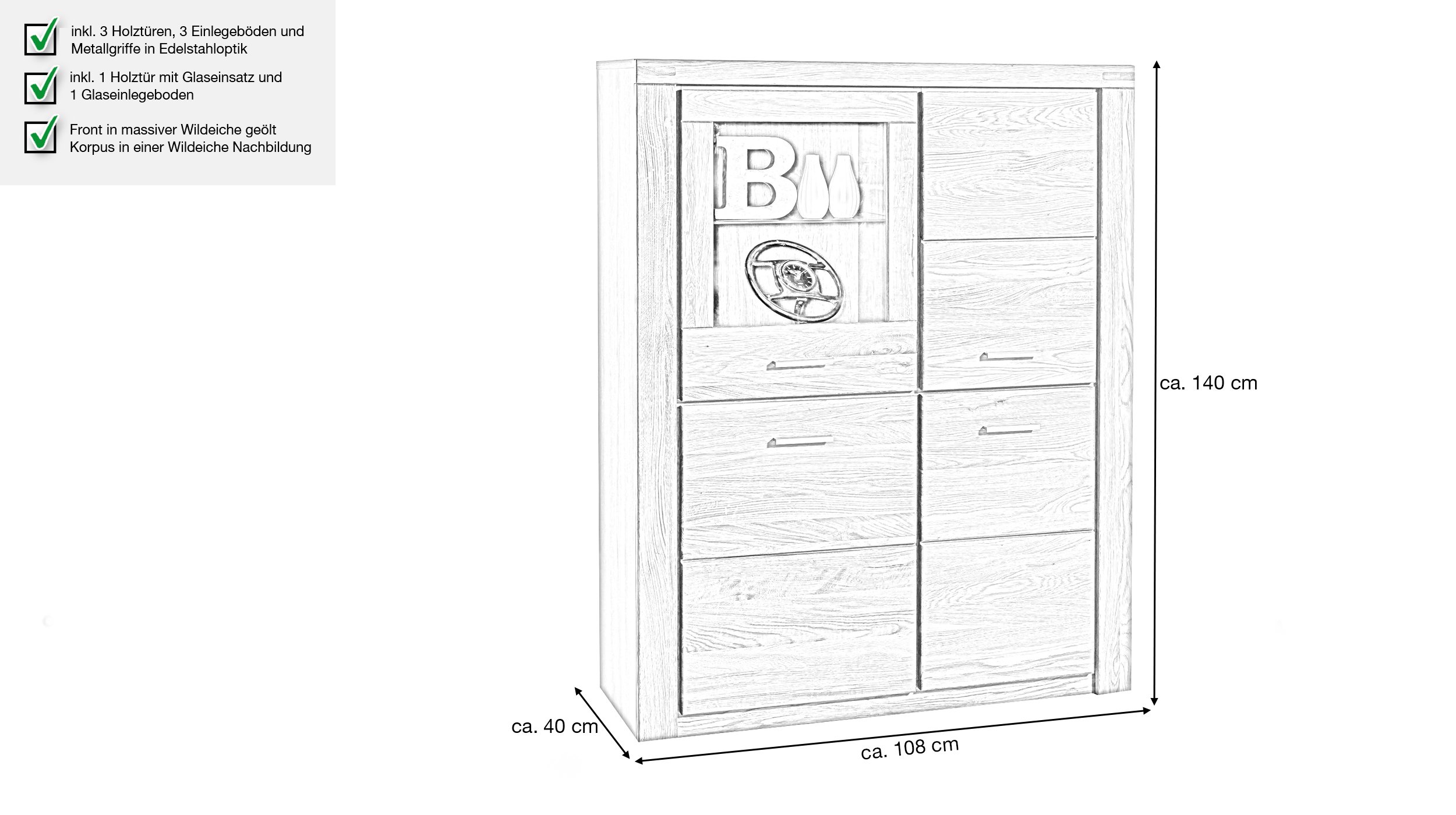 Highboard Wildeiche teilmassiv geölt 108 cm - FREYJA