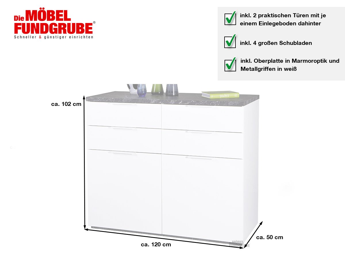 Kommode weiß hochglanz - Marmoroptik 120 cm - MUNDI