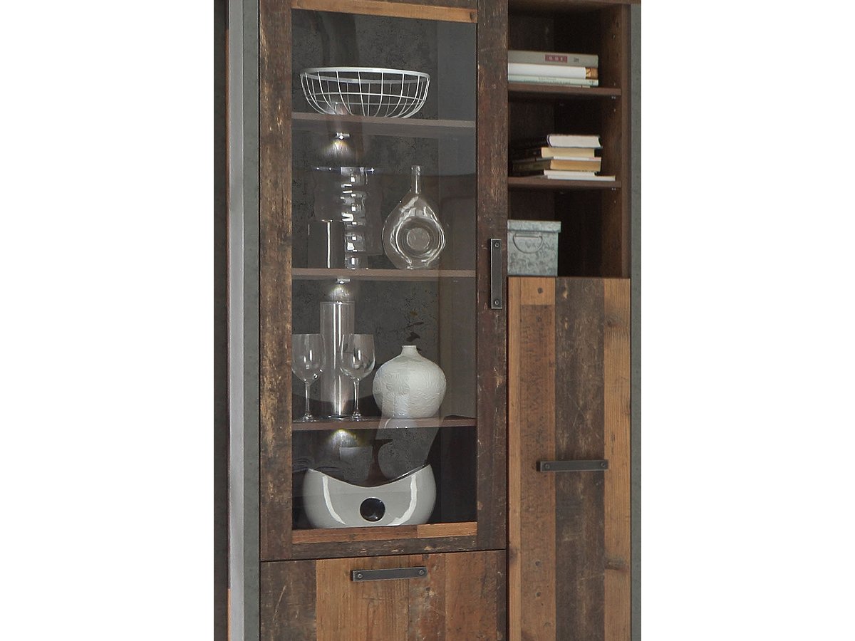 Bücherregal Vitrine 1 Glastür Höhe 205 cm Old Wood - Beton - grau - CLIF