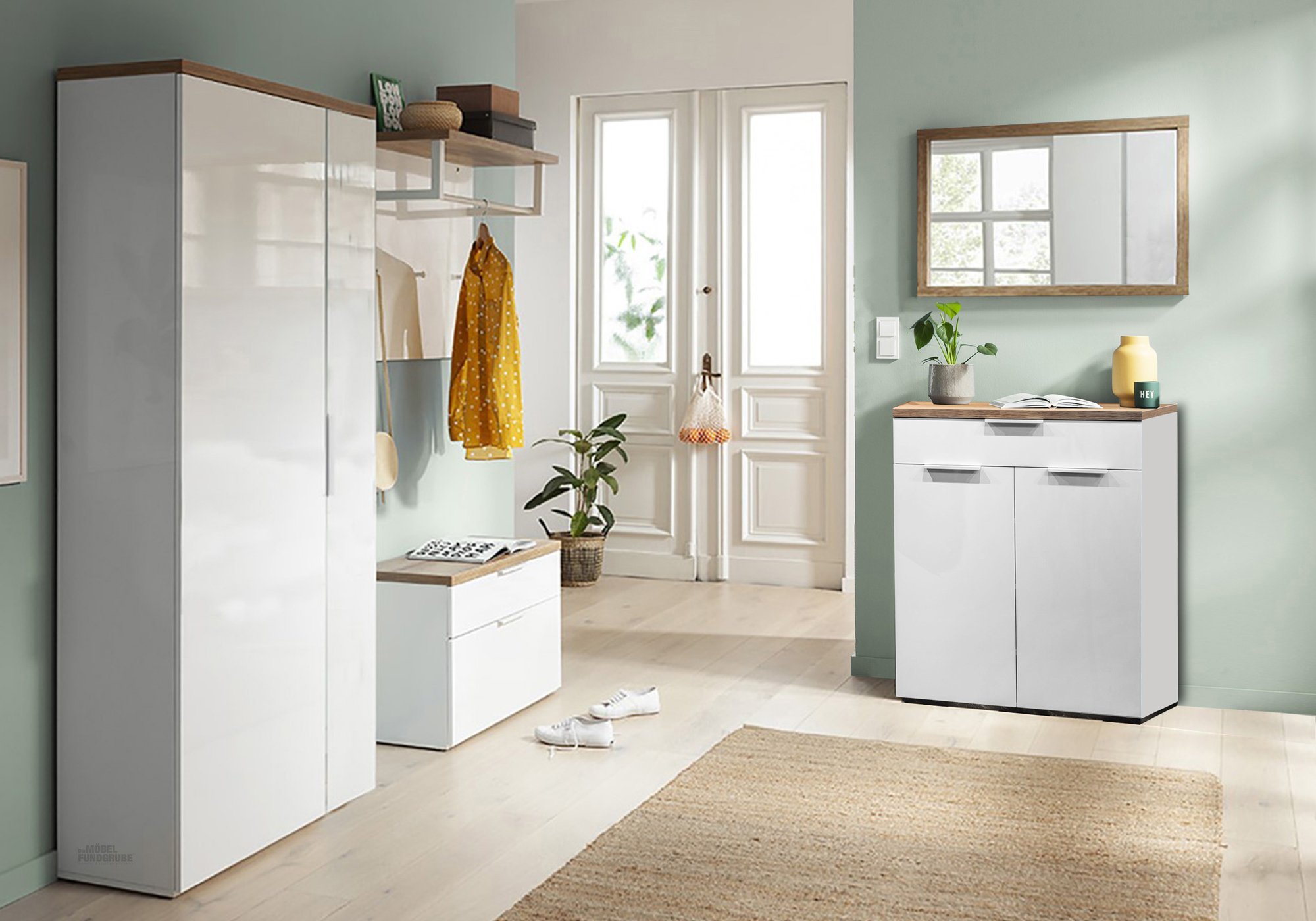 Garderobenbank weiß hochglanz - Eiche Riviera 82 cm - MUNDI